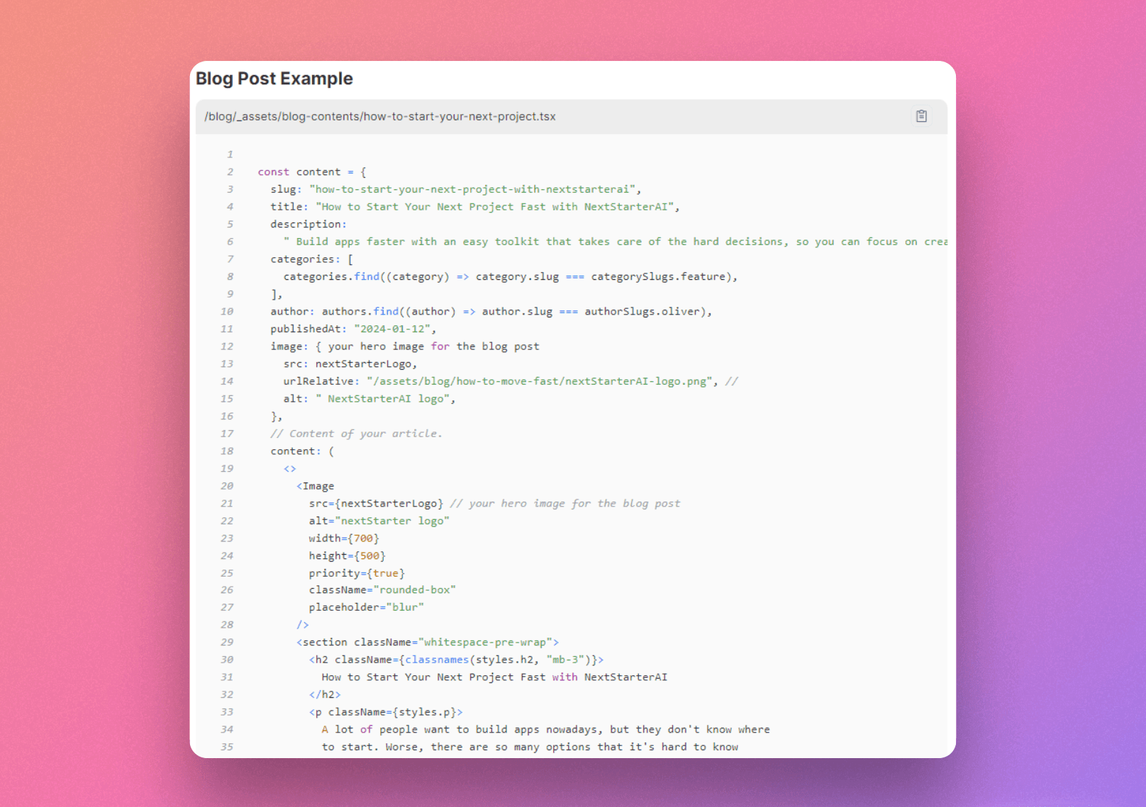 Blog framework code snippets of Next Starter AI