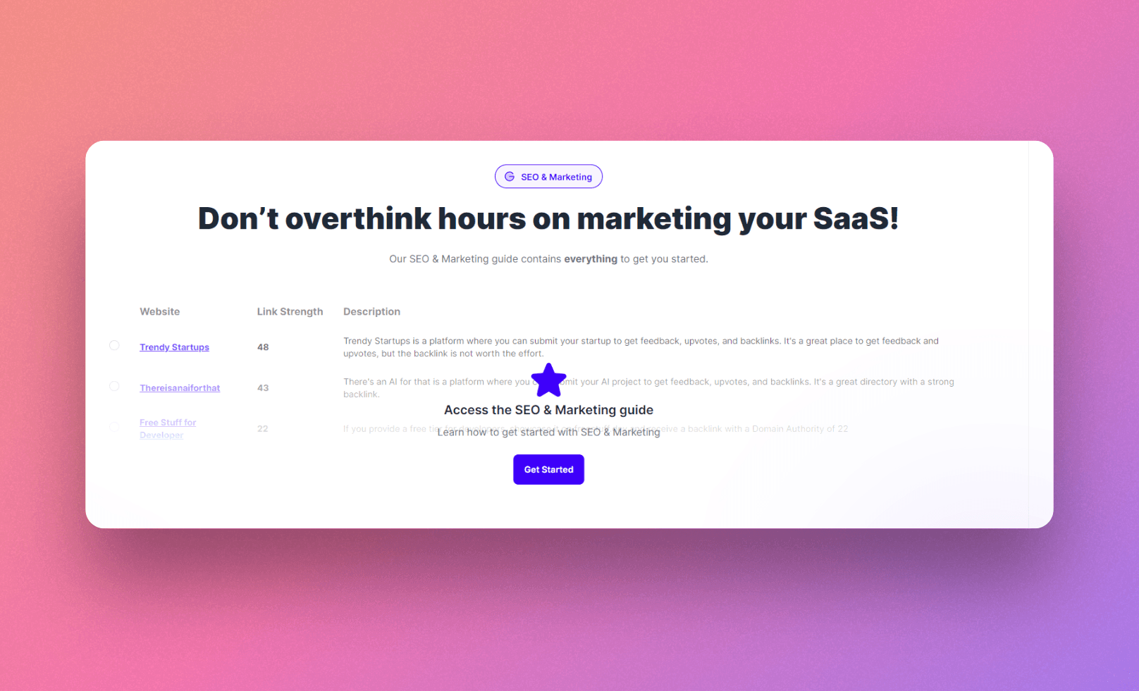 Marketing guide table of Next Starter AI